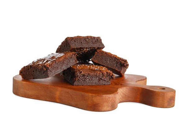 Wooden Board Pieces Tasty Chocolate Brownie Isolated White Background — Stock Photo, Image