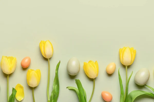 Composition Yellow Tulip Flowers Easter Eggs Color Background — Stock Photo, Image