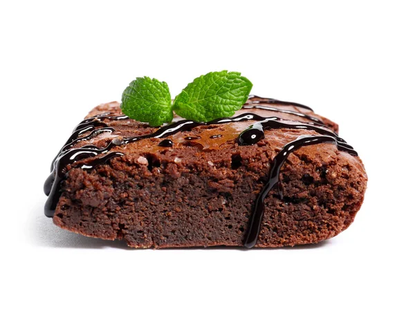 Stukje Lekkere Chocolade Brownie Geïsoleerd Witte Achtergrond — Stockfoto