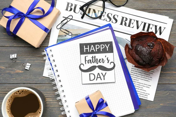 Composition Greeting Card Notebook Newspaper Muffin Gifts Father Day Celebration — Stock Photo, Image