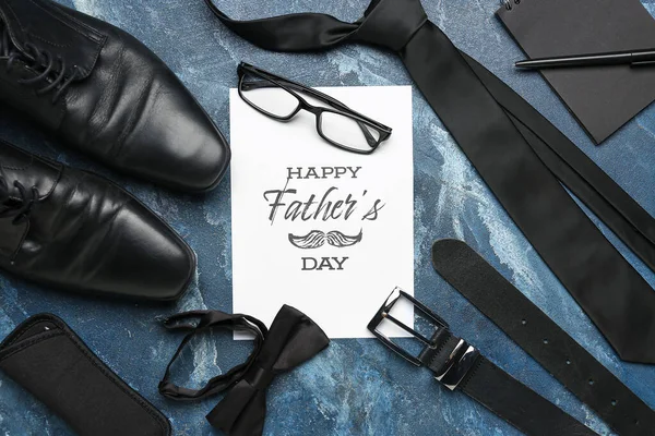 stock image Card with text HAPPY FATHER'S DAY and stylish male accessories on color background