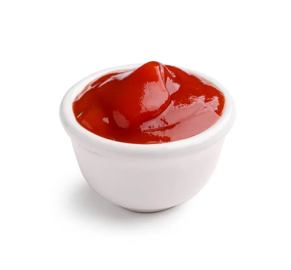 Tigela Ketchup Saboroso Isolado Fundo Branco — Fotografia de Stock