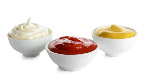 Bowls Different Sauces Isolated White Background — Stock Photo, Image