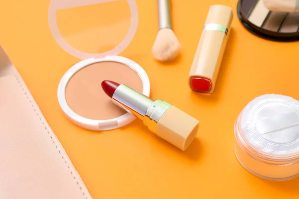 Lipsticks Makeup Powder Orange Background Closeup — Stock Photo, Image