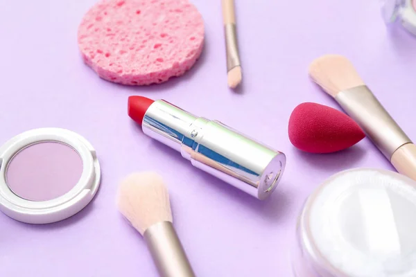 Lipstick Makeup Brushes Sponges Lilac Background Closeup — Stock Photo, Image