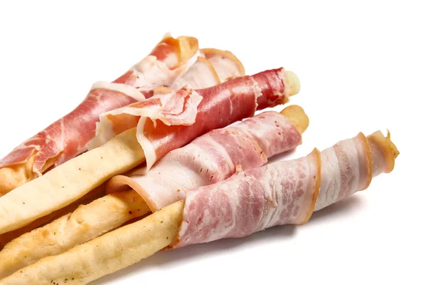Saboroso Italiano Grissini Com Bacon Fundo Branco Close — Fotografia de Stock