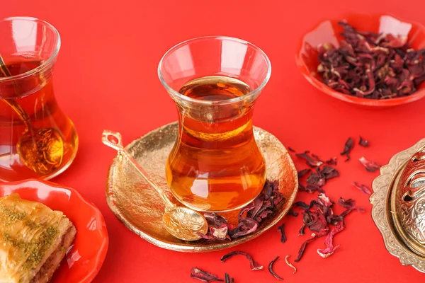 Glass Turkish Tea Red Background — Stock Photo, Image