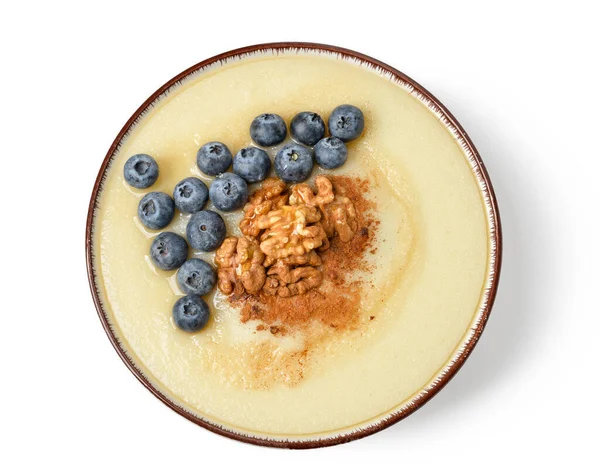 Bowl Tasty Semolina Porridge Blueberry Nuts White Background — Stock Photo, Image