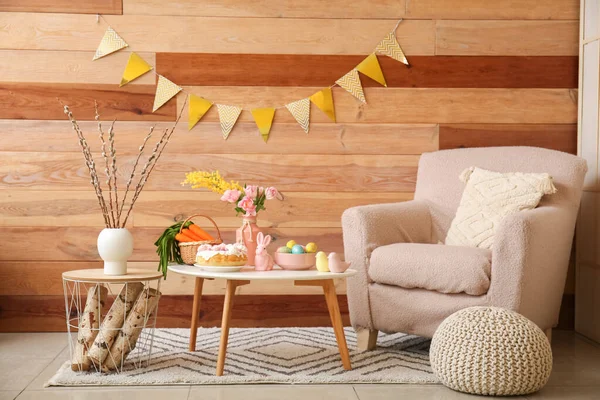 Interior Living Room Decorated Easter Celebration Armchair Tables — Stock Photo, Image