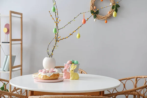 Vase Tree Branches Eggs Easter Cake Toy Rabbits Table Dining — Stock Photo, Image