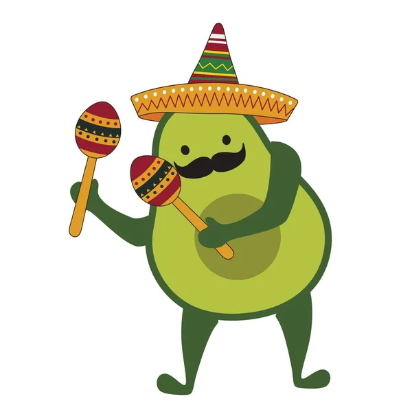 Lustige Mexikanische Avocado Mit Sombrero Und Maracas Auf Weißem Hintergrund — Stockvektor