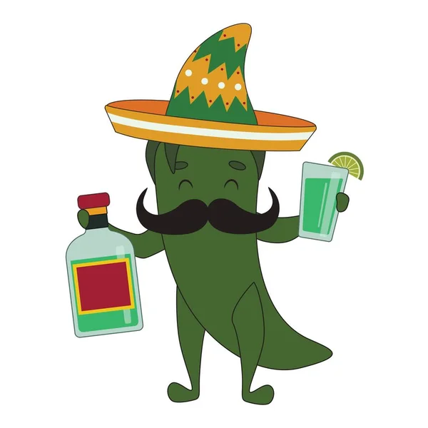 stock vector Funny Mexican jalapeno pepper with sombrero and tequila on white background