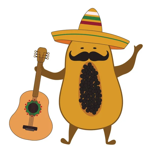 Papaye Mexicaine Drôle Avec Sombrero Guitare Sur Fond Blanc — Image vectorielle