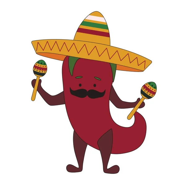 Rolig Mexikansk Röd Paprika Med Sombrero Och Maracas Vit Bakgrund — Stock vektor