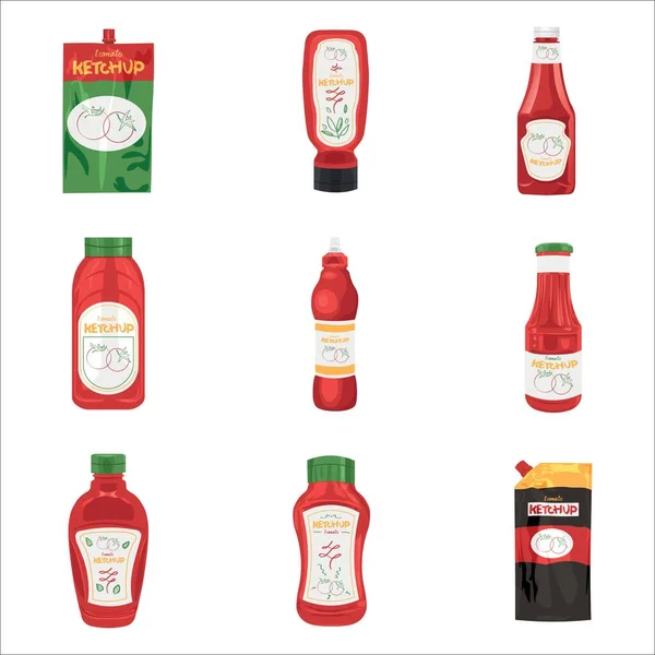 Set Med Välsmakande Ketchup Såser Vit Bakgrund — Stock vektor