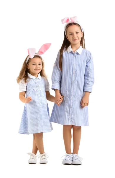 Little Girls Bunny Ears White Background Easter Celebration — Stock Photo, Image