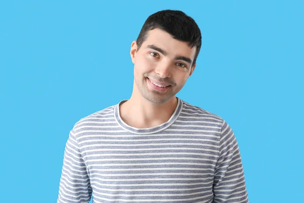 Young Man Striped Shirt Blue Background Closeup — Stock Photo, Image
