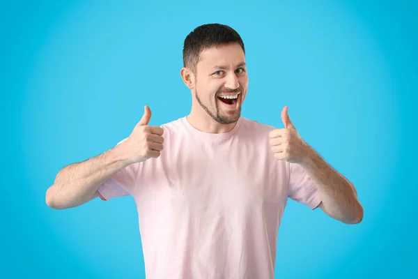 Handsome Man Shirt Showing Thumbs Blue Background — Stock Photo, Image