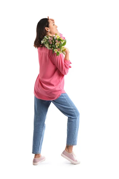 Young Woman Pink Shirt Alstroemeria Flowers White Background — Zdjęcie stockowe