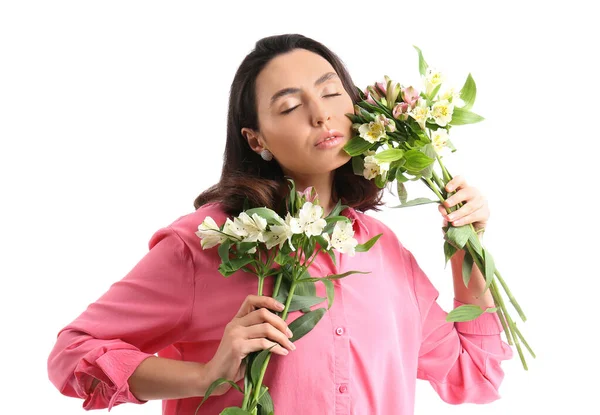 Young Woman Pink Shirt Alstroemeria Flowers White Background — Stockfoto