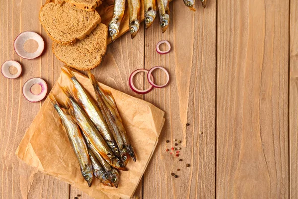 Parchment Delicious Smoked Capelin Wooden Background — Stock Photo, Image
