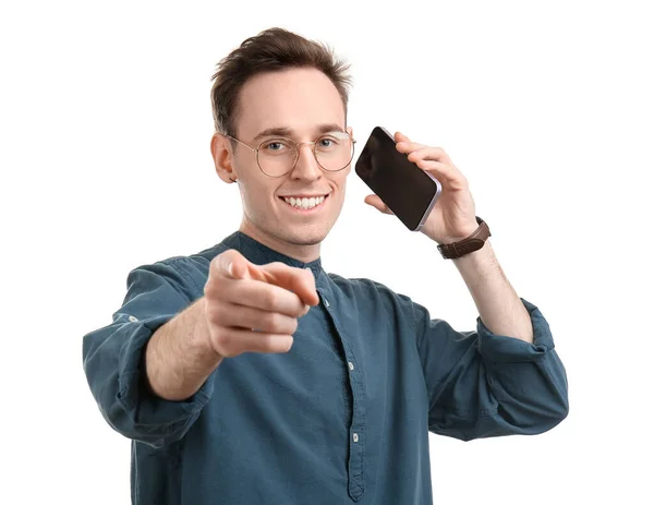 Cool Mladý Muž Mluví Telefonu Bílém Pozadí — Stock fotografie