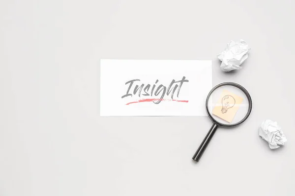 Word Insight Crumpled Paper Magnifier Drawn Light Bulb Light Background — Stock Photo, Image