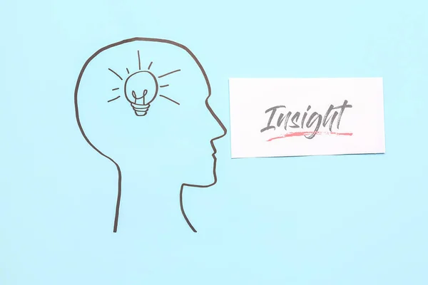 Gezeichneter Menschlicher Kopf Mit Glühbirne Und Wort Insight Auf Blauem — Stockfoto