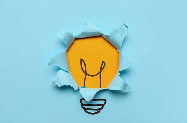 Drawn Light Bulb Torn Blue Paper Top View — Stock Photo, Image