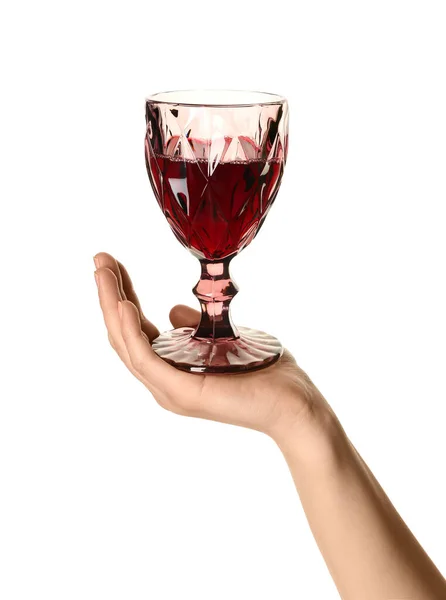 Mano Femminile Che Tiene Bicchiere Vino Rosso Isolato Sfondo Bianco — Foto Stock