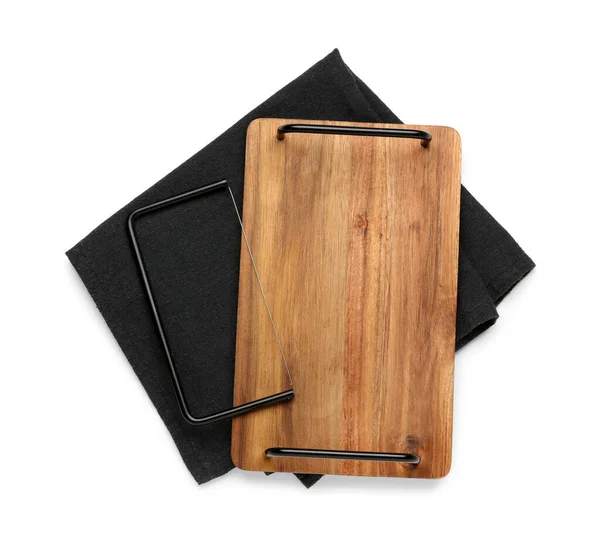 Wooden Cutting Board Cheese Slicer Napkin White Background — Stock Photo, Image