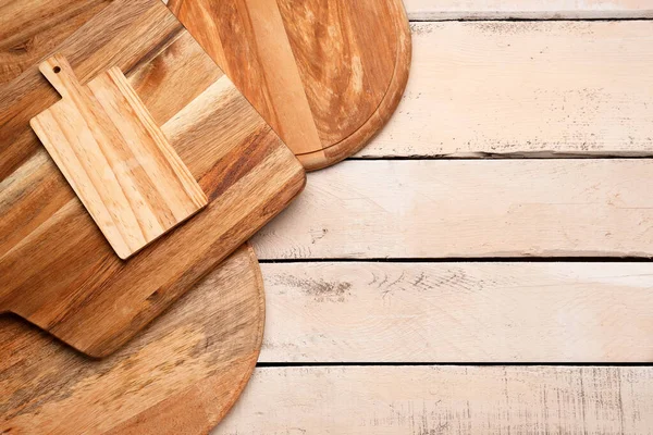 Set Different Cutting Boards Light Wooden Background — Stock Photo, Image