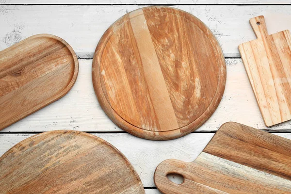 Set Different Cutting Boards Light Wooden Background Closeup — Stock Photo, Image