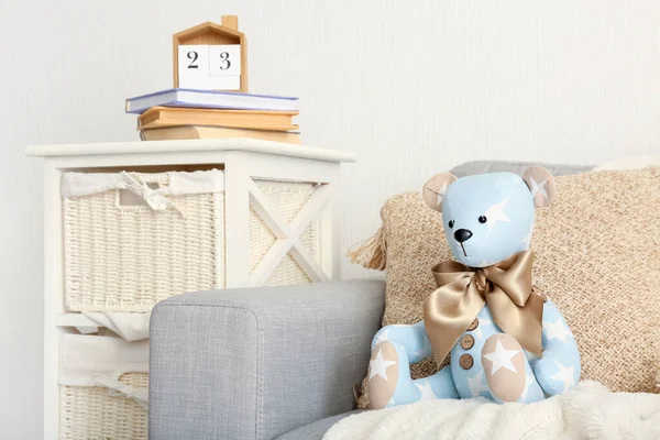 Toy Bear Pillow Plaid Sofa Living Room — Stock Photo, Image