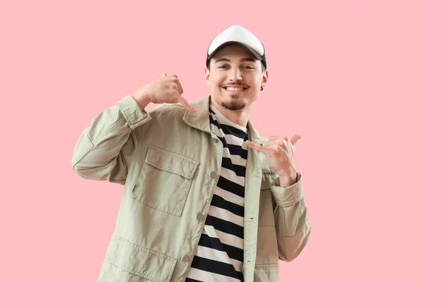 Cool Young Man Showing Call Gesture Pink Background — Stock Photo, Image