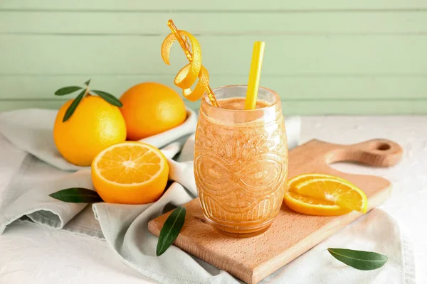 Glass Healthy Orange Smoothie Fresh Fruits Table — Stock Photo, Image