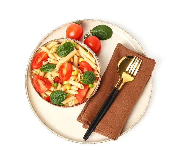 Bowl Tasty Pasta Salad White Background — Stock Photo, Image