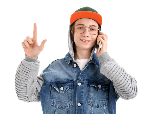 Cool Tonåring Pojke Talar Med Mobiltelefon Vit Bakgrund — Stockfoto