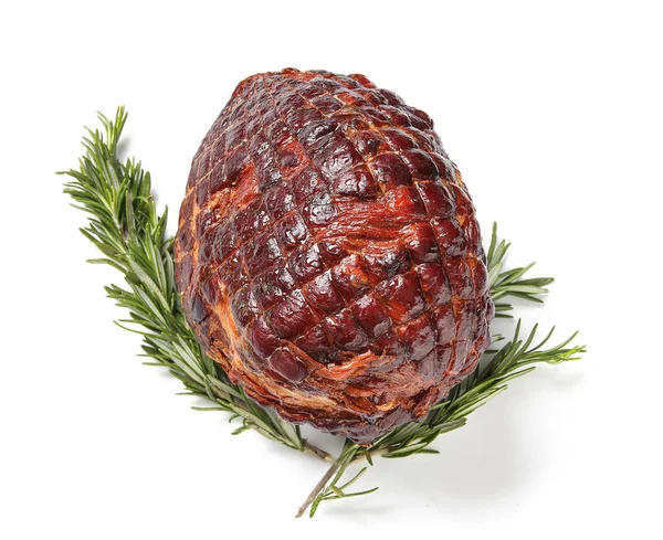 Tasty smoked ham with rosemary isolated on white background