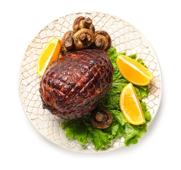 Plate Tasty Smoked Ham Grilled Mushrooms Isolated White Background — Stock Photo, Image