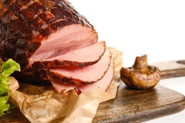 Wooden Board Tasty Smoked Ham Grilled Mushroom Isolated White Background — Stock Photo, Image