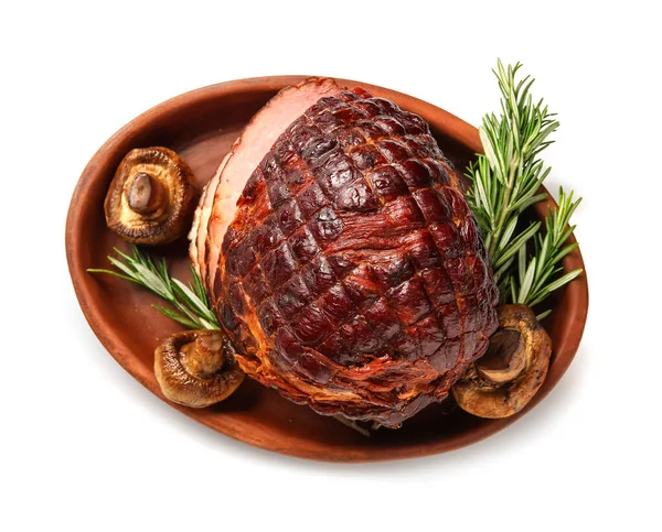 Plate Tasty Smoked Ham Grilled Mushrooms Isolated White Background — Stock Photo, Image