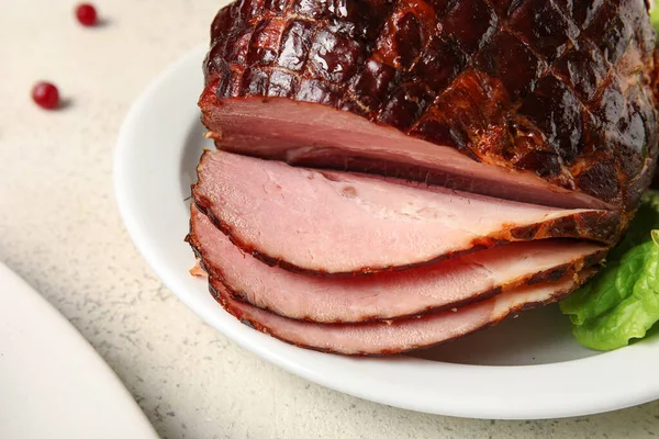 Plate Tasty Smoked Ham Light Background Closeup — Stock Photo, Image
