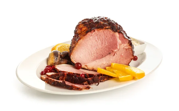 Plate Tasty Smoked Ham Isolated White Background — Stock Photo, Image