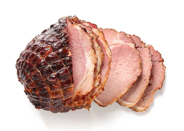 Tasty smoked ham isolated on white background