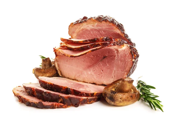 Tasty Smoked Ham Rosemary Grilled Mushrooms Isolated White Background — Stock Photo, Image