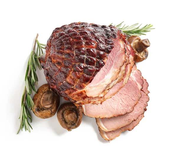 Tasty Smoked Ham Rosemary Grilled Mushrooms Isolated White Background — Stock Photo, Image