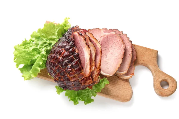 Wooden Board Tasty Smoked Ham Isolated White Background — Stock Photo, Image