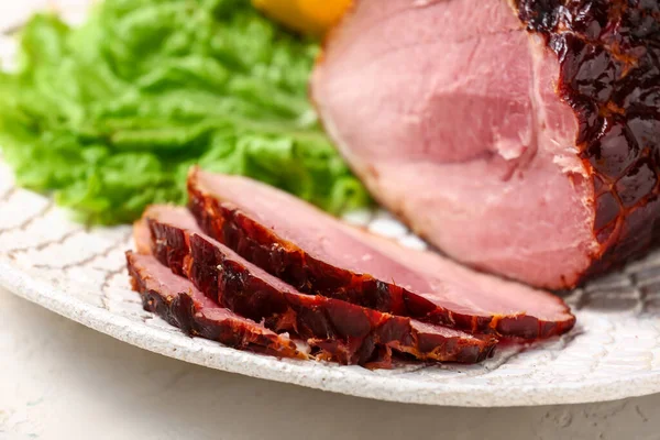 Plate Tasty Smoked Ham Light Background Closeup — Stock Photo, Image