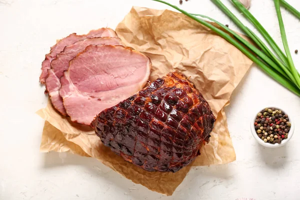 Tasty Smoked Ham Light Background — Stock Photo, Image